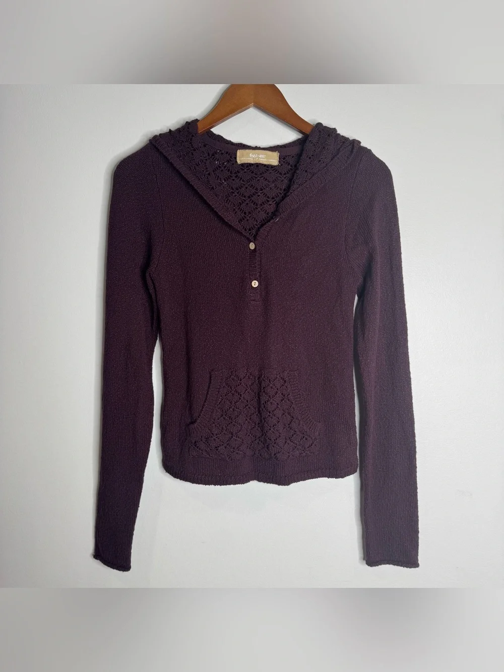 Free People Crochet Hooded Henley Sweater Plum Purple Cotton Blend Beach Small